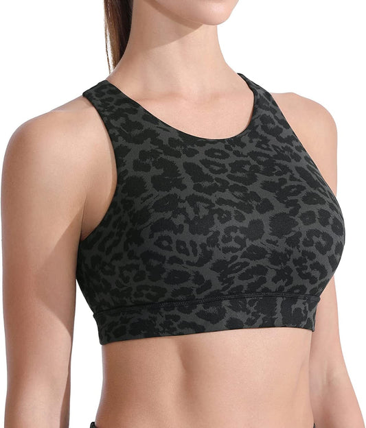 Women'S Strappy Sports Bra - High Neck Full Coverage Workout Bra for Women Medium Impact for Gym Fitness Running Yoga Leopard Medium