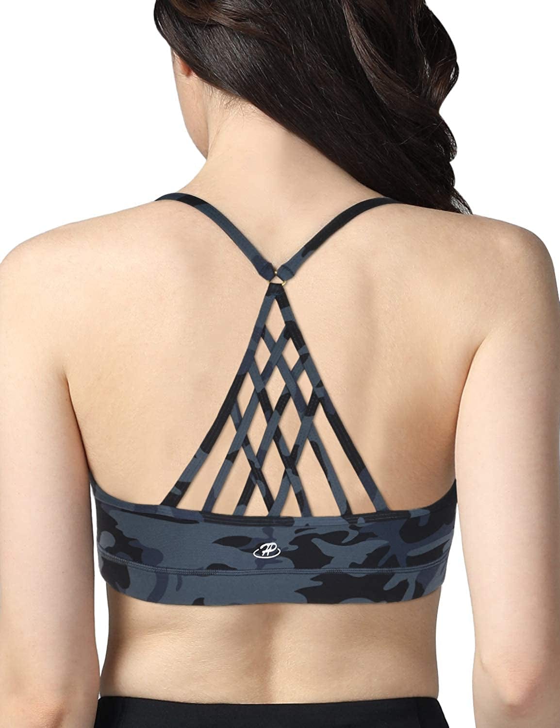 Women'S Strappy Sports Bra Medium Impact Sexy Crisscross Back Padded Workout Running Yoga Bra Grey Camo / X-Small