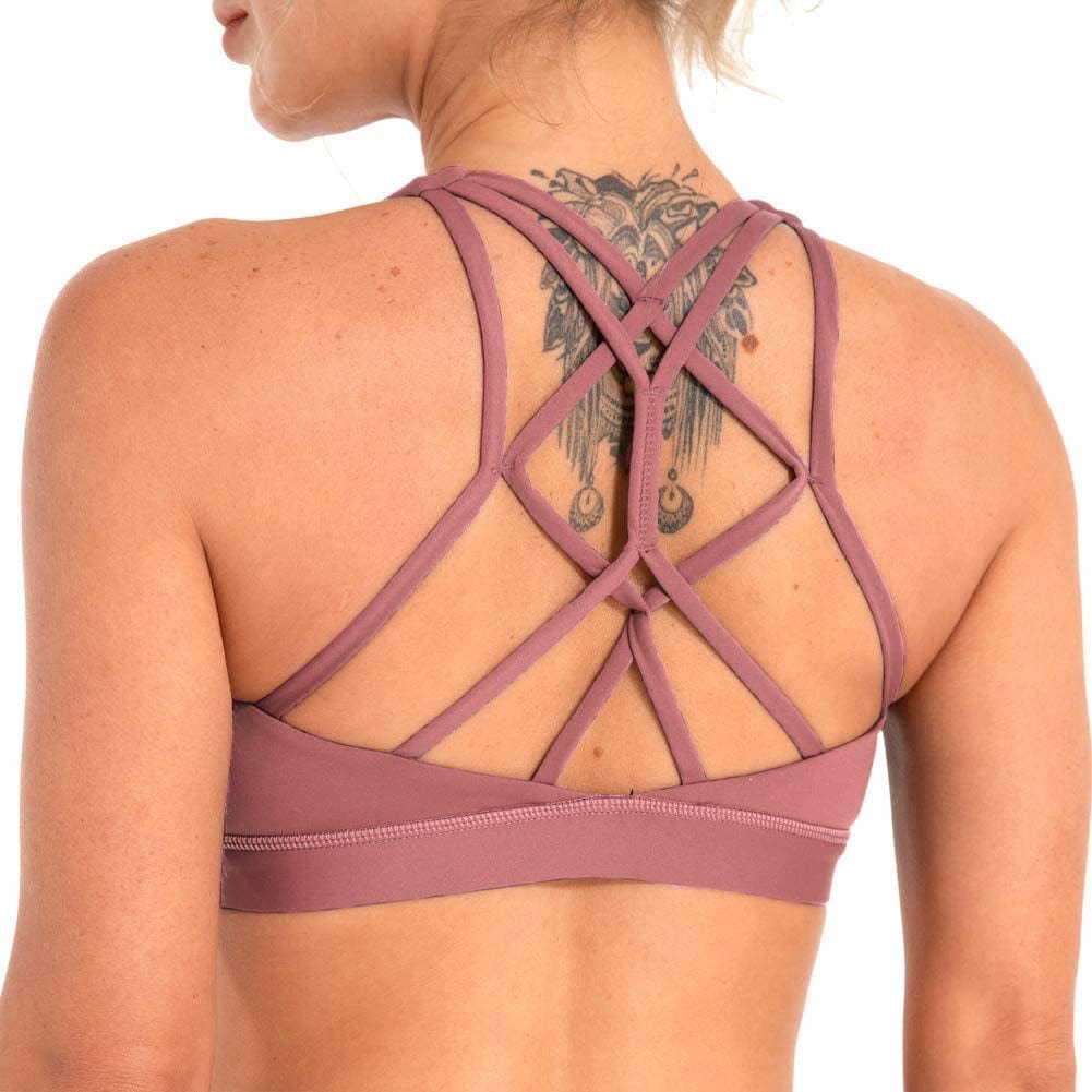 Women'S Strappy Sports Bra Medium Impact Sexy Crisscross Back Padded Workout Running Yoga Bra Deco Rose-1 / X-Small