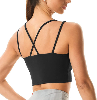 Women'S Strappy Sports Bra Mesh Soft Sexy Crisscross Back Light Support Wirefree Yoga Bra with Removable Cups #014 Black / Large