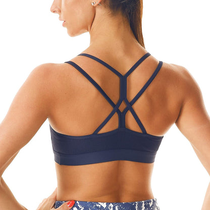 Women'S Strappy Sports Bra Mesh Soft Sexy Crisscross Back Light Support Wirefree Yoga Bra with Removable Cups Navy / X-Large