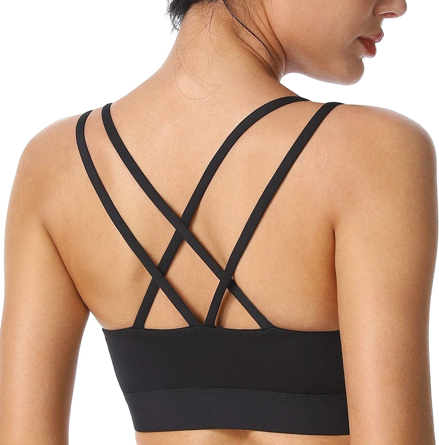 Women'S Strappy Sports Bra Mesh Soft Sexy Crisscross Back Light Support Wirefree Yoga Bra with Removable Cups #026 Black / X-Large
