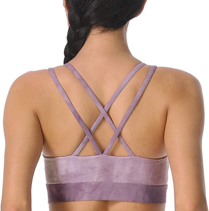 Women'S Strappy Sports Bra Mesh Soft Sexy Crisscross Back Light Support Wirefree Yoga Bra with Removable Cups #026 Tie-dye Purple / Large