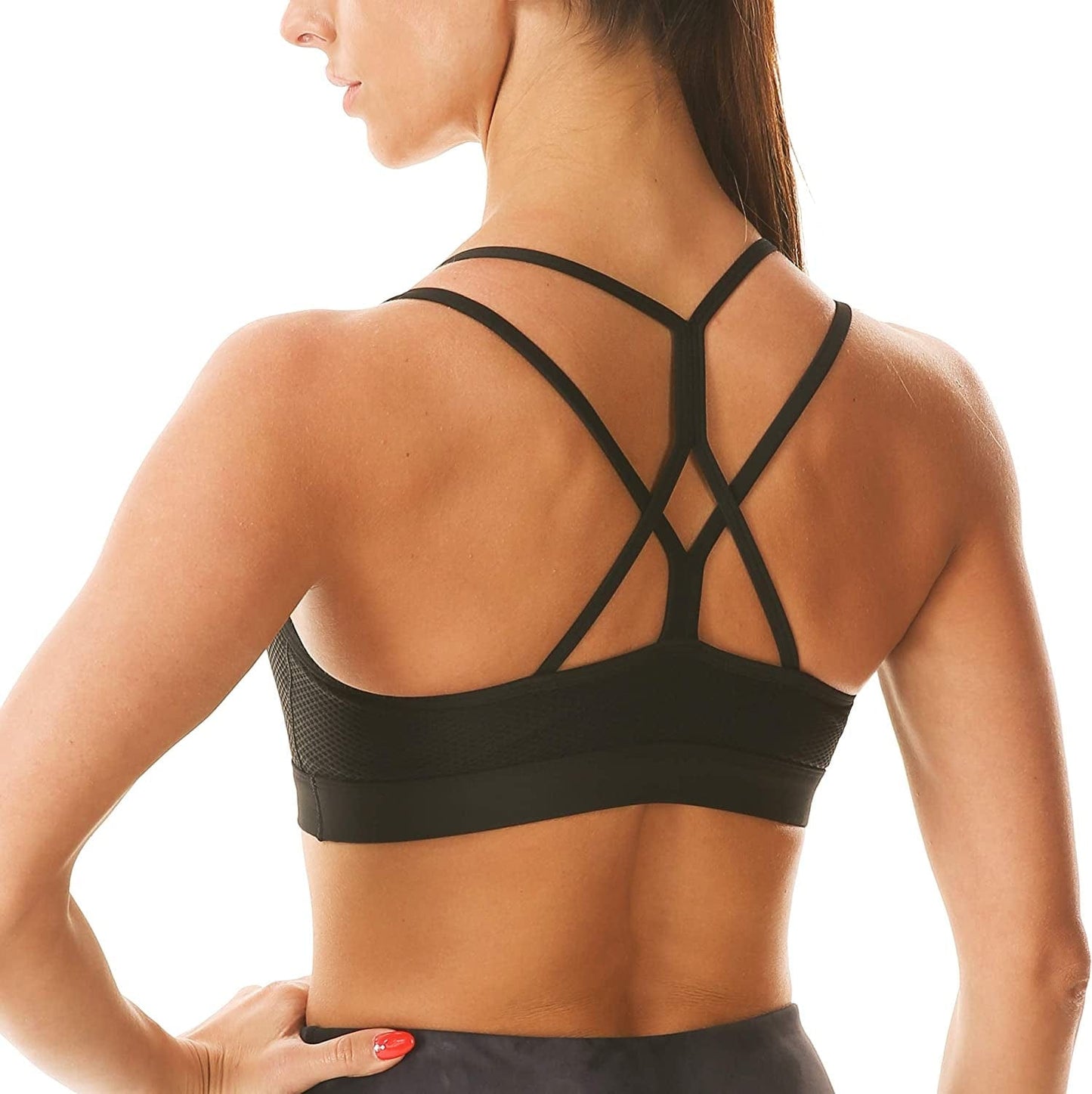 Women'S Strappy Sports Bra Mesh Soft Sexy Crisscross Back Light Support Wirefree Yoga Bra with Removable Cups Black / X-Large