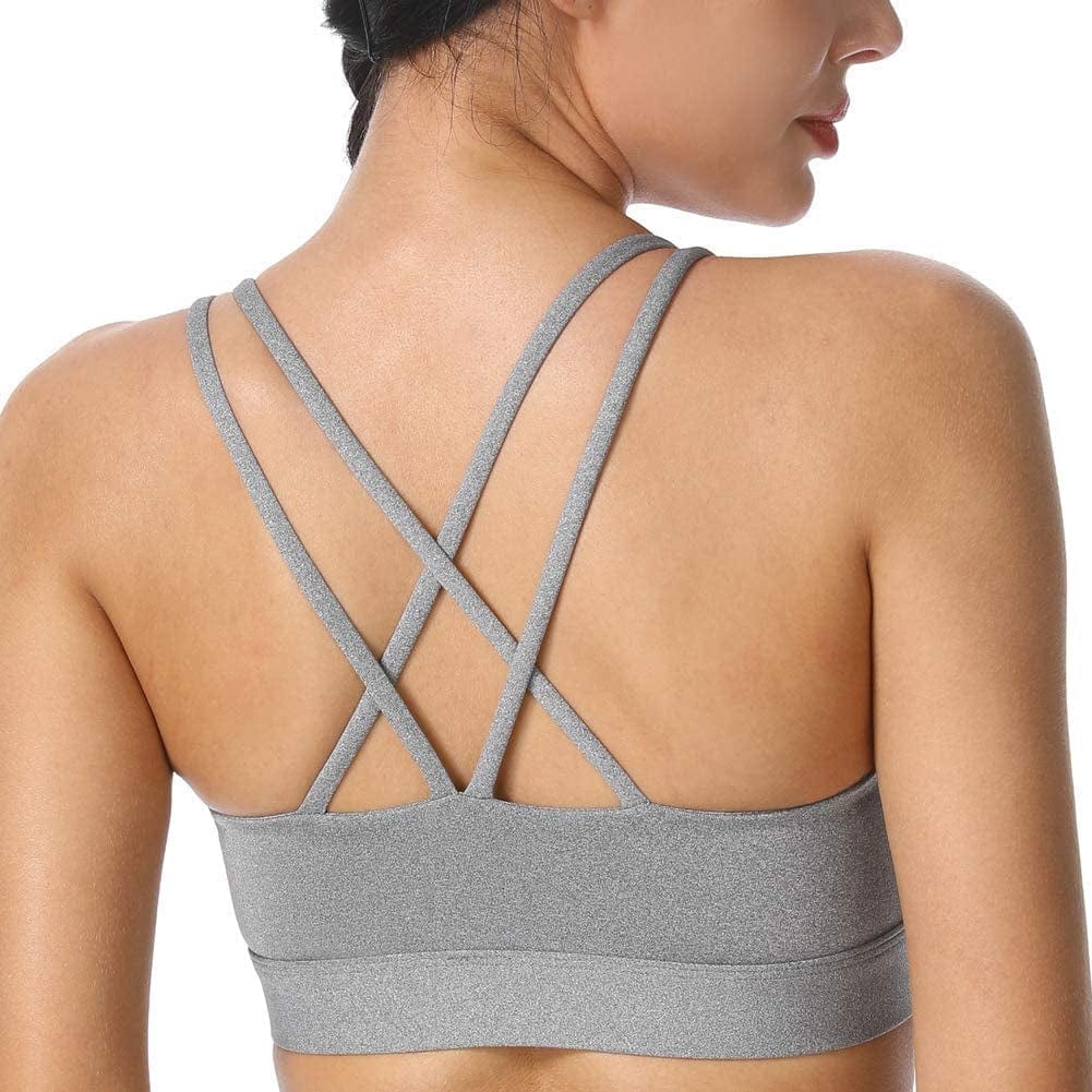 Women'S Strappy Sports Bra Mesh Soft Sexy Crisscross Back Light Support Wirefree Yoga Bra with Removable Cups #026 Grey / X-Large