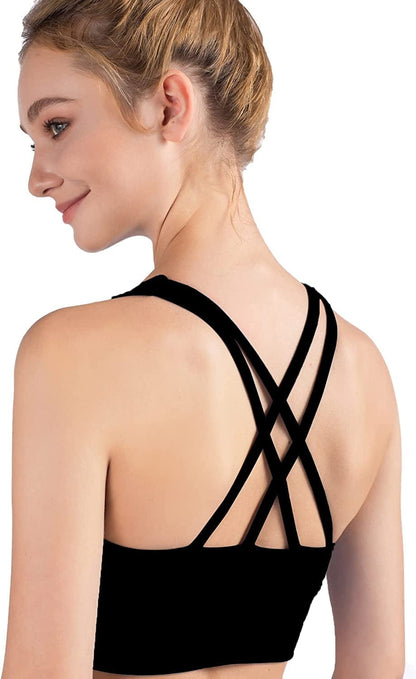 Women'S Strappy Sports Bras Fitness Workout Padded Yoga Bra Criss Cross Back Black / Small