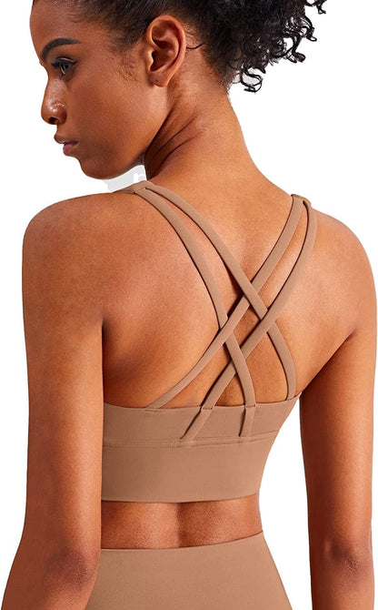 Women'S Strappy Sports Bras Fitness Workout Padded Yoga Bra Criss Cross Back Brown / Medium