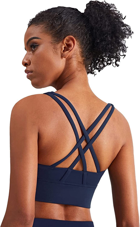 Women'S Strappy Sports Bras Fitness Workout Padded Yoga Bra Criss Cross Back Blue / Medium
