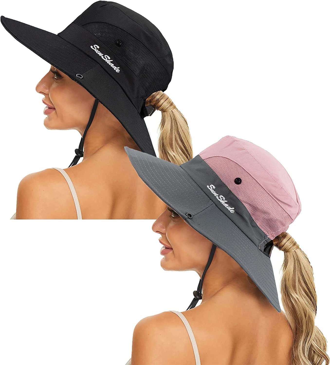 Women'S Summer Sun-Hat Ponytail - Uv-Protection Mesh Wide Brim Foldable Hat with Ponytail Hole Apparel & Accessories > Clothing Accessories > Hats Pogah Black+pink 7 1/4 