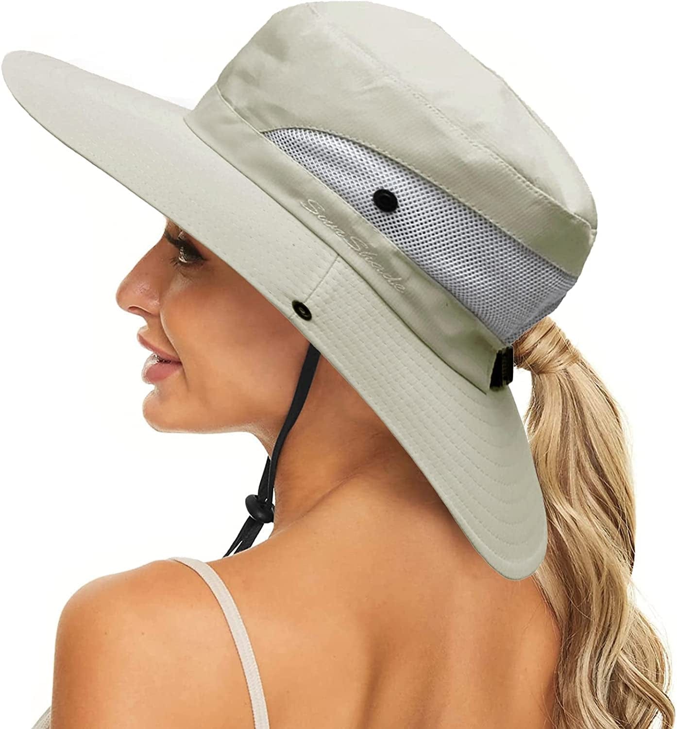 Women'S Summer Sun-Hat Ponytail - Uv-Protection Mesh Wide Brim Foldable Hat with Ponytail Hole Apparel & Accessories > Clothing Accessories > Hats Pogah Beige 7 1/4 
