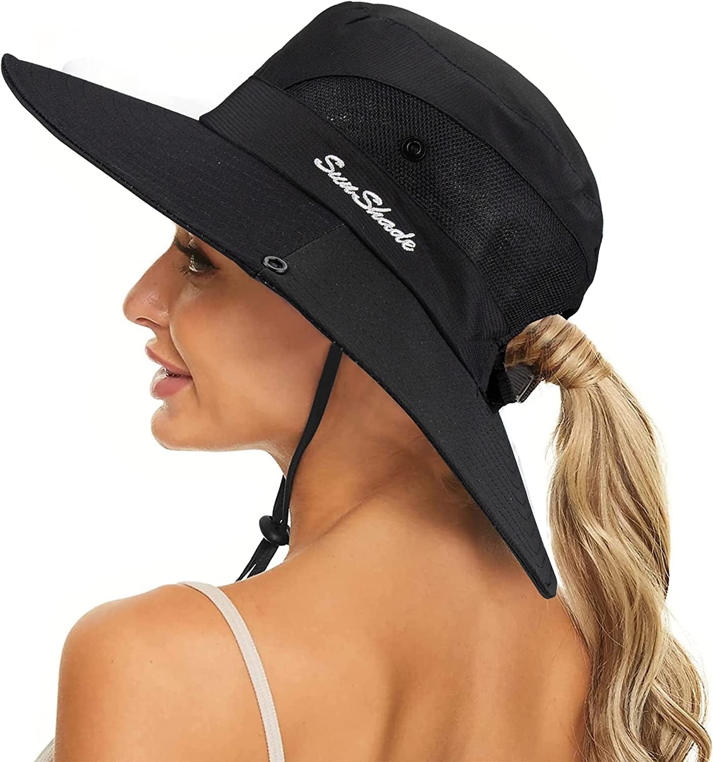 Women'S Summer Sun-Hat Ponytail - Uv-Protection Mesh Wide Brim Foldable Hat with Ponytail Hole Apparel & Accessories > Clothing Accessories > Hats Pogah Black 7 1/4 