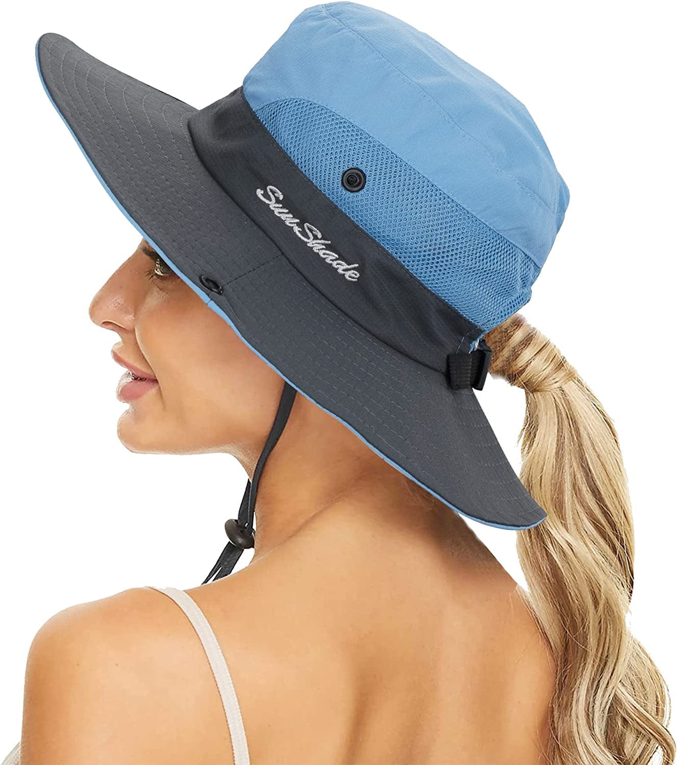 Women'S Summer Sun-Hat Ponytail - Uv-Protection Mesh Wide Brim Foldable Hat with Ponytail Hole Apparel & Accessories > Clothing Accessories > Hats Pogah Blue- 7 1/4 