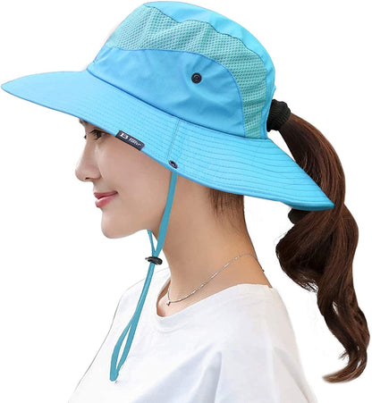 Women'S Summer Sun Outdoor UV Protection Foldable Mesh Wide Brim Beach Fishing Bucket Hat Apparel & Accessories > Clothing Accessories > Hats Muryobao Blue  