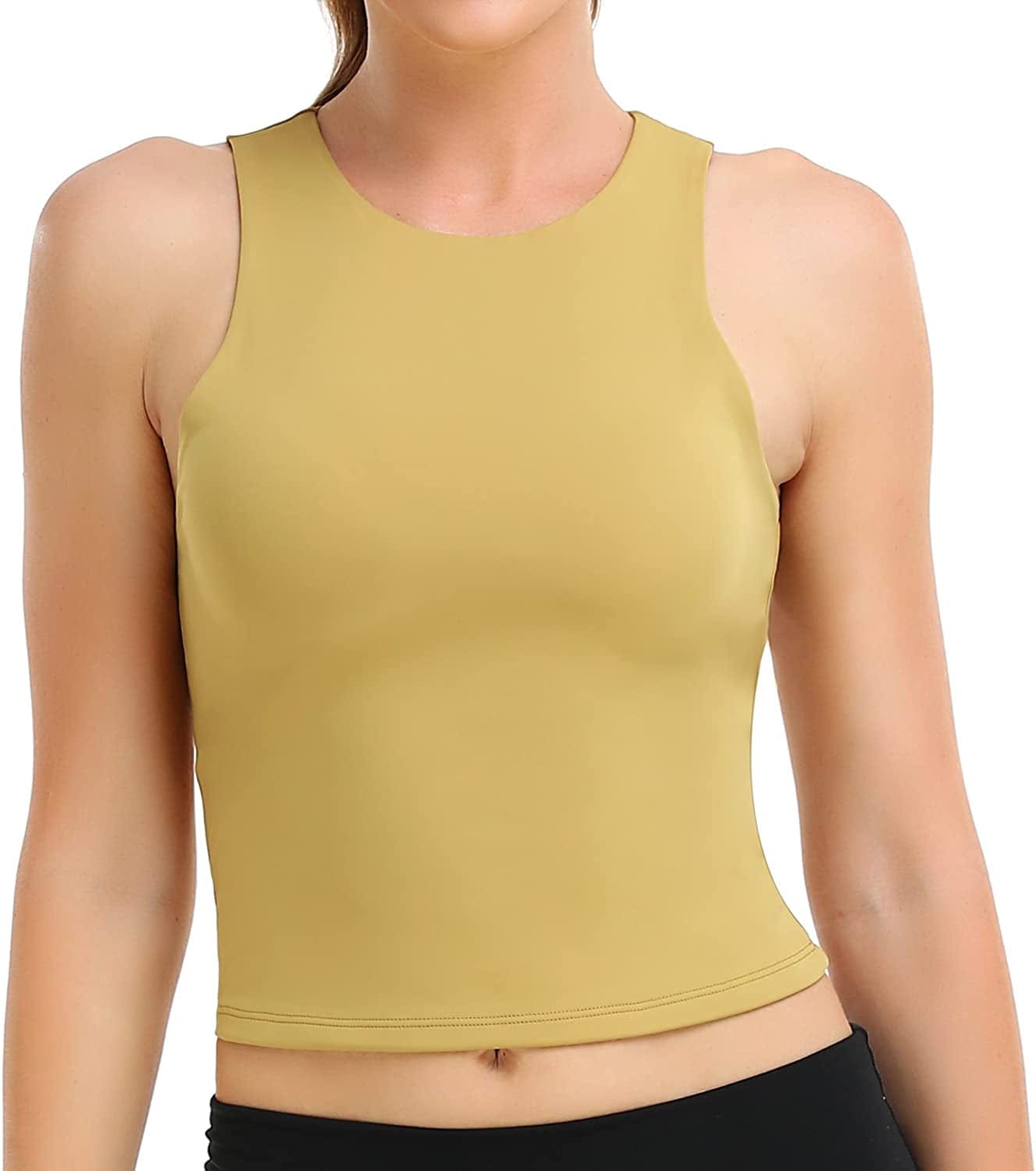 Women'S Summer Tank Tops Body Contour Sleeveless Crop Double Lined Yoga Shirts Oil Yellow / Medium