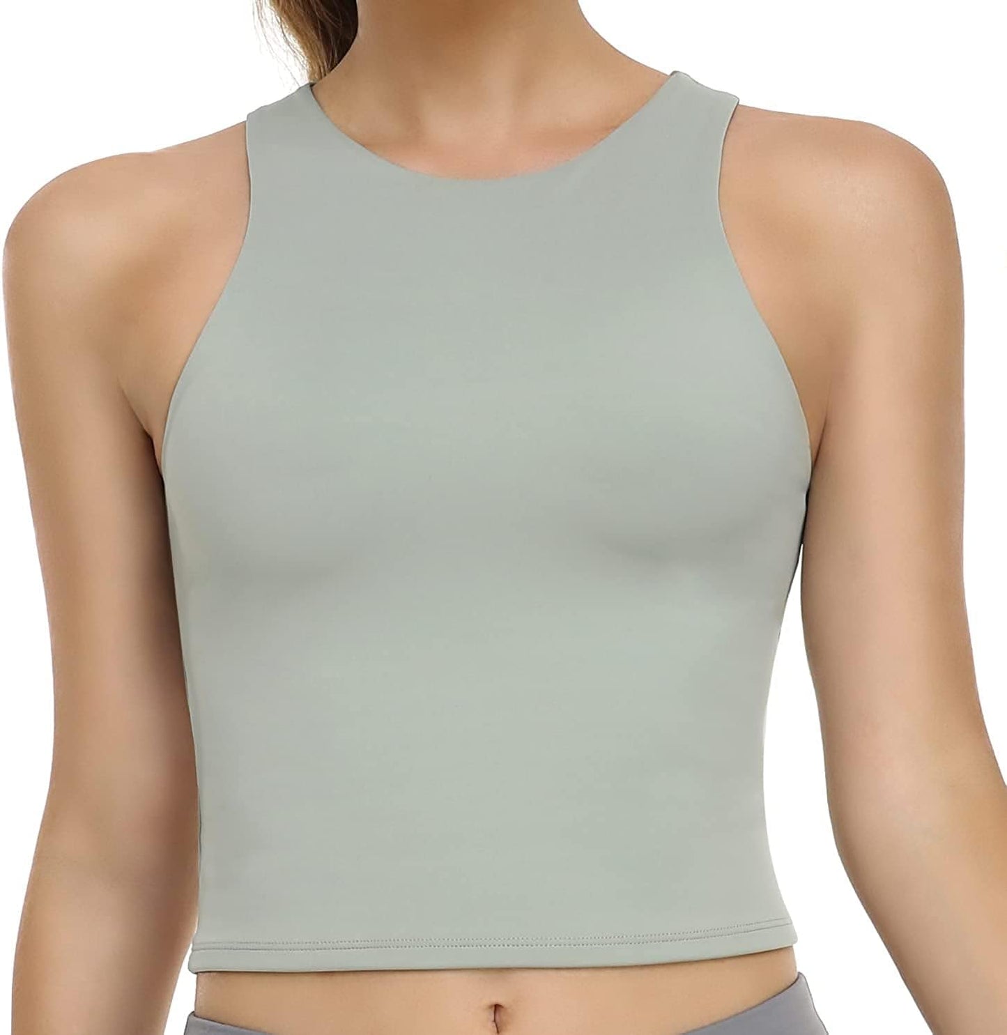 Women'S Summer Tank Tops Body Contour Sleeveless Crop Double Lined Yoga Shirts Sage Green / Medium
