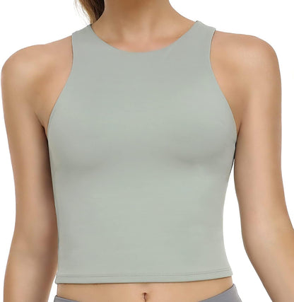 Women'S Summer Tank Tops Body Contour Sleeveless Crop Double Lined Yoga Shirts Sage Green / Medium