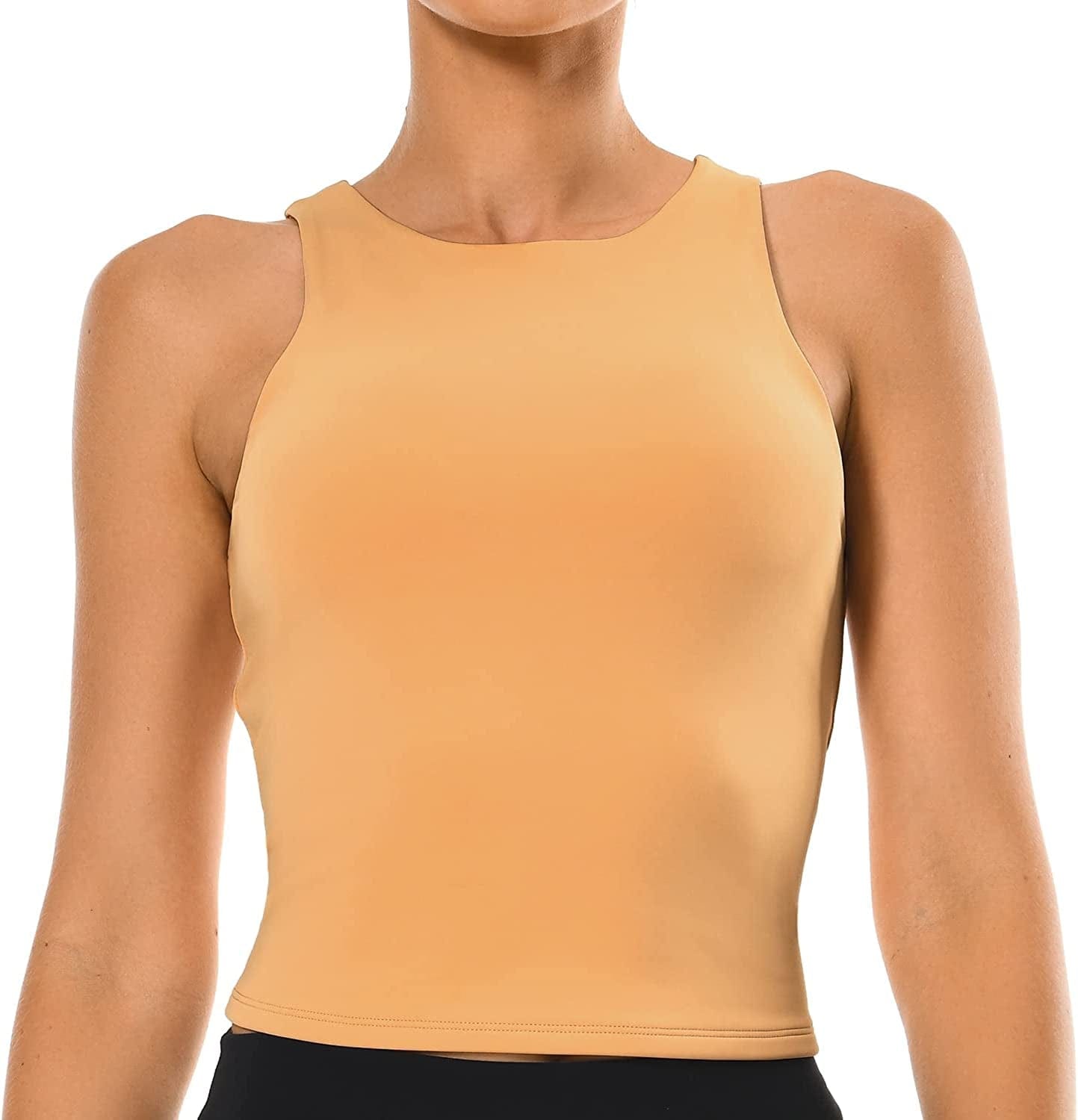 Women'S Summer Tank Tops Body Contour Sleeveless Crop Double Lined Yoga Shirts Beige / Medium