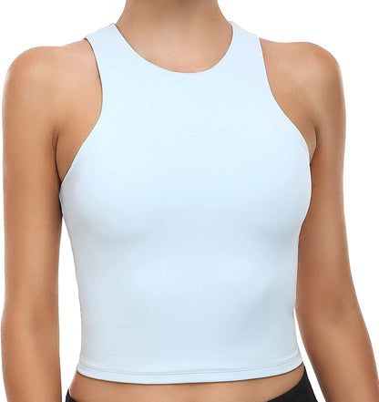 Women'S Summer Tank Tops Body Contour Sleeveless Crop Double Lined Yoga Shirts Ice Blue / Medium