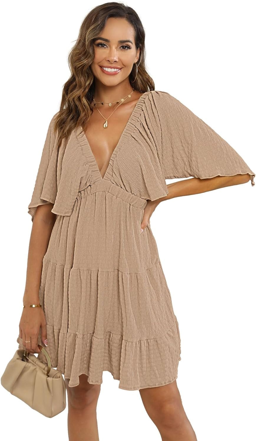 Women'S Summer V-Neck, Tiered Silhouette with Flutter Sleeves Mini Dress for Casual Khaki / Small
