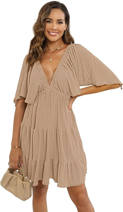 Women'S Summer V-Neck, Tiered Silhouette with Flutter Sleeves Mini Dress for Casual Khaki / Small