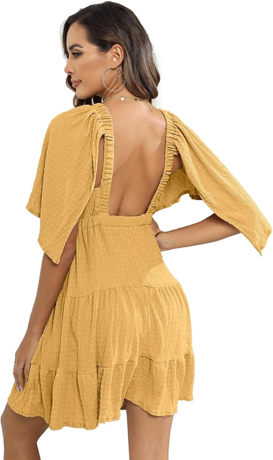 Women'S Summer V-Neck, Tiered Silhouette with Flutter Sleeves Mini Dress for Casual