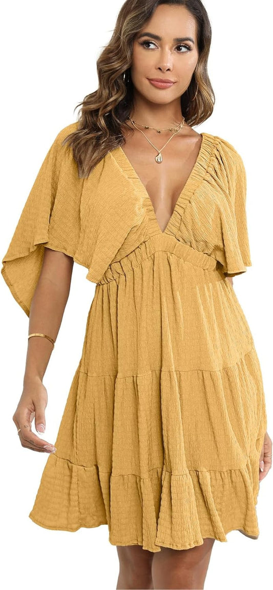 Women'S Summer V-Neck, Tiered Silhouette with Flutter Sleeves Mini Dress for Casual