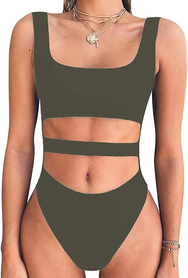 Women'S Tank Top Cut Out Sleeveless Bodice Bodysuit Party Clubwear Olive / Large