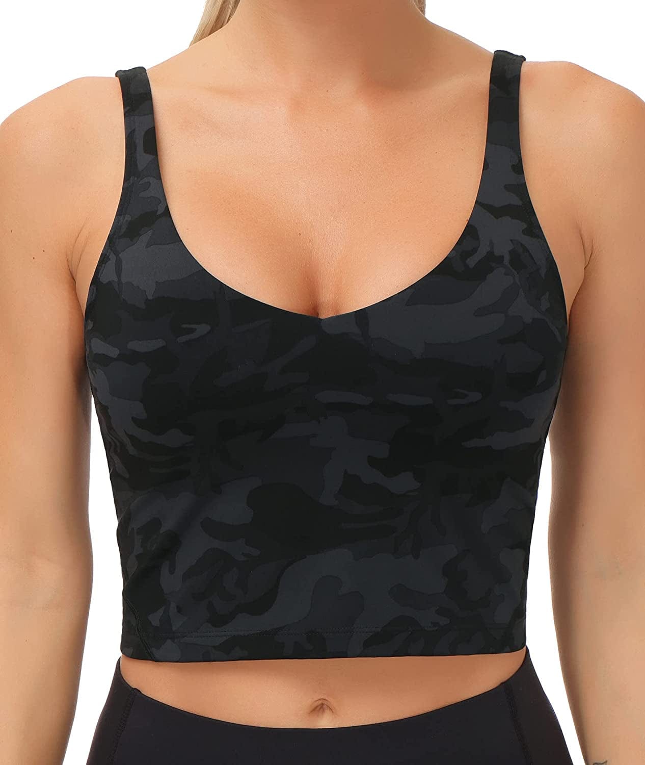 Women'S Tank Top Padded Sports Bra Running Workout Yoga Crop Top Black&grey Camo / Small
