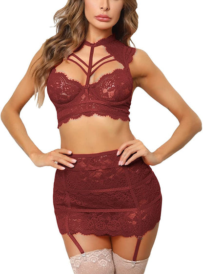 Women'S Underwire 3 Piece Sexy Lingerie Collared Stretch Bustier and Garter Skirt with G-String,Strappy Lace Bra & Panty Set Burgundy / Medium