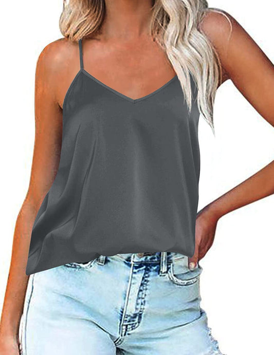 Women'S V Neck Satin Camisole Silk Cami Top Loose Sleeveless Spaghetti Strap Tank Blouse Charcoal Grey / X-Large