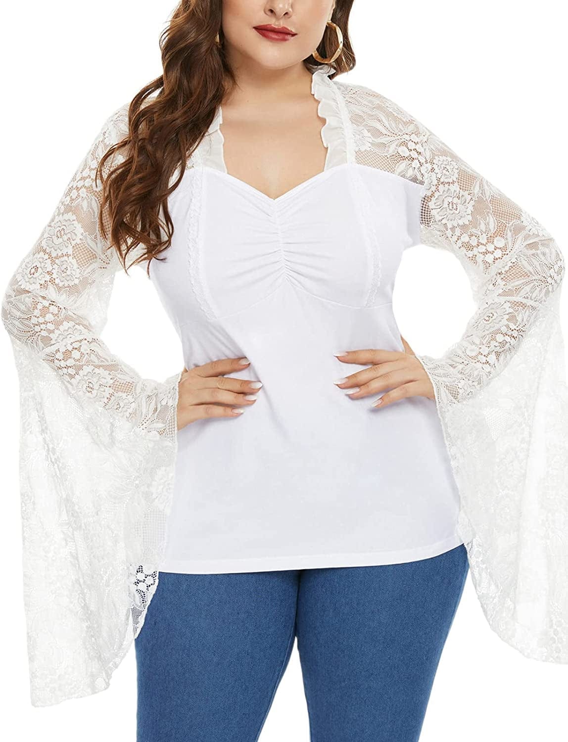 Women'S Vintage Gothic Lace Flare Sleeves T Shirt Tops Victorian Blouse White / 22 Plus