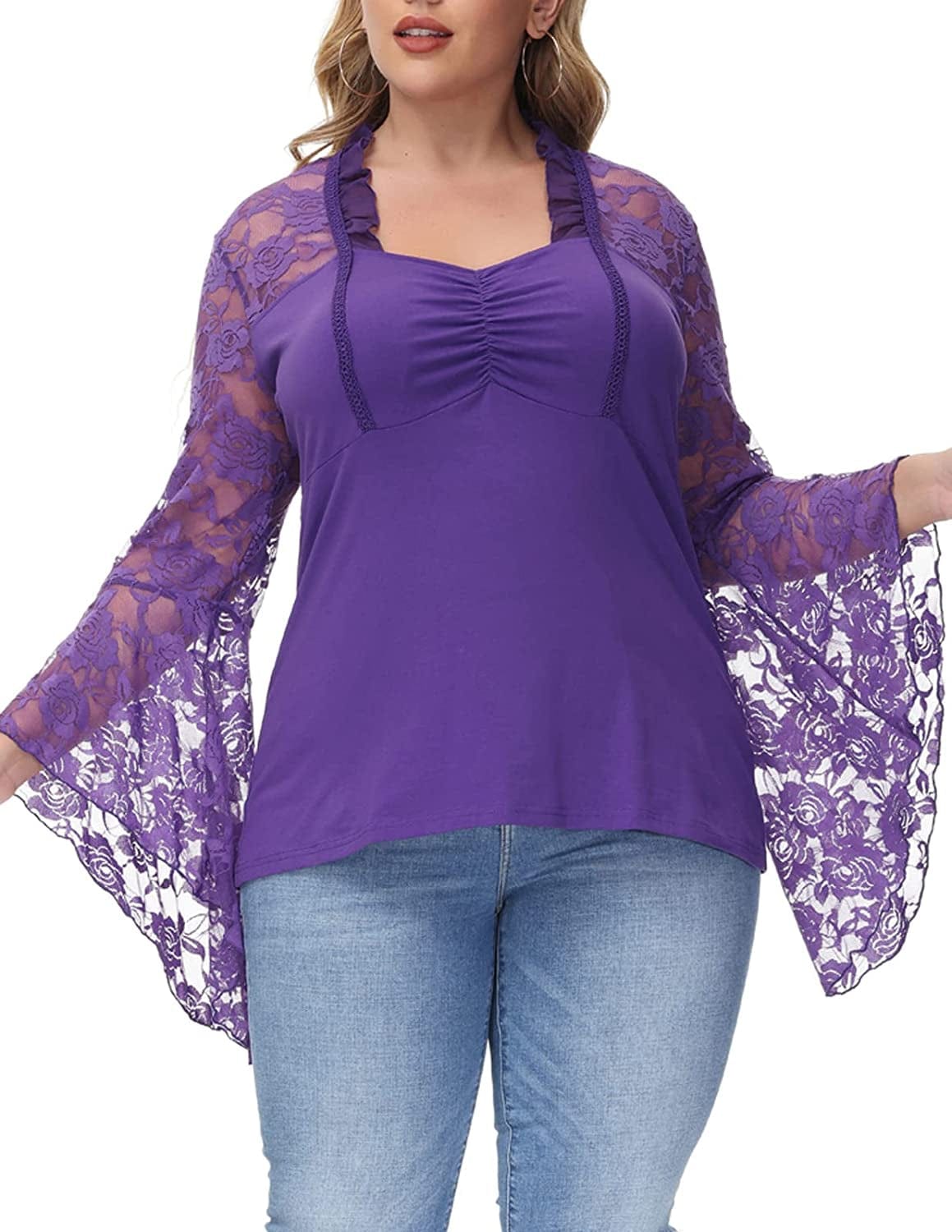 Women'S Vintage Gothic Lace Flare Sleeves T Shirt Tops Victorian Blouse Purple / 18 Plus