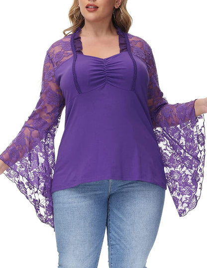 Women'S Vintage Gothic Lace Flare Sleeves T Shirt Tops Victorian Blouse Purple / 18 Plus