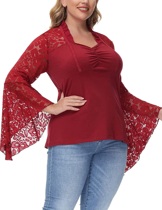 Women'S Vintage Gothic Lace Flare Sleeves T Shirt Tops Victorian Blouse Wine Red / 18 Plus