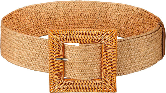 Women'S Waist Belt Imitate Straw Woven Skinny Dress Belt Elastic Stretch Waist Band with Square Buckle for Women Girls Summer Beach Apparel & Accessories > Clothing Accessories > Belts Geyoga   