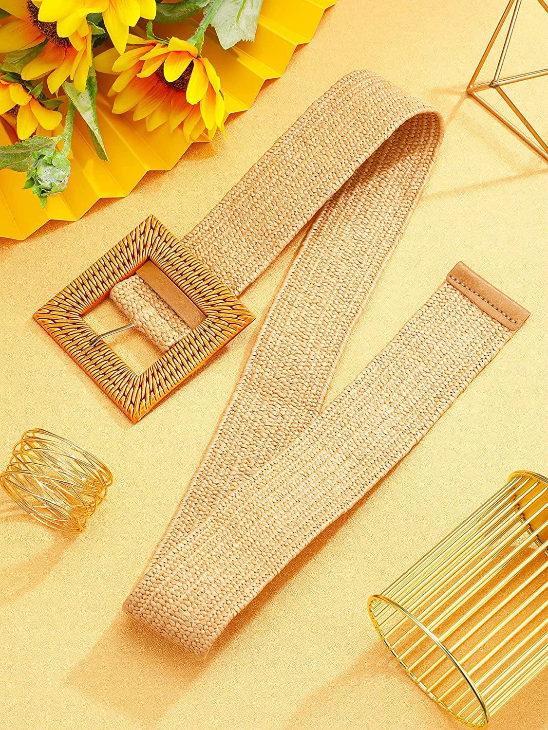 Women'S Waist Belt Imitate Straw Woven Skinny Dress Belt Elastic Stretch Waist Band with Square Buckle for Women Girls Summer Beach Apparel & Accessories > Clothing Accessories > Belts Geyoga   