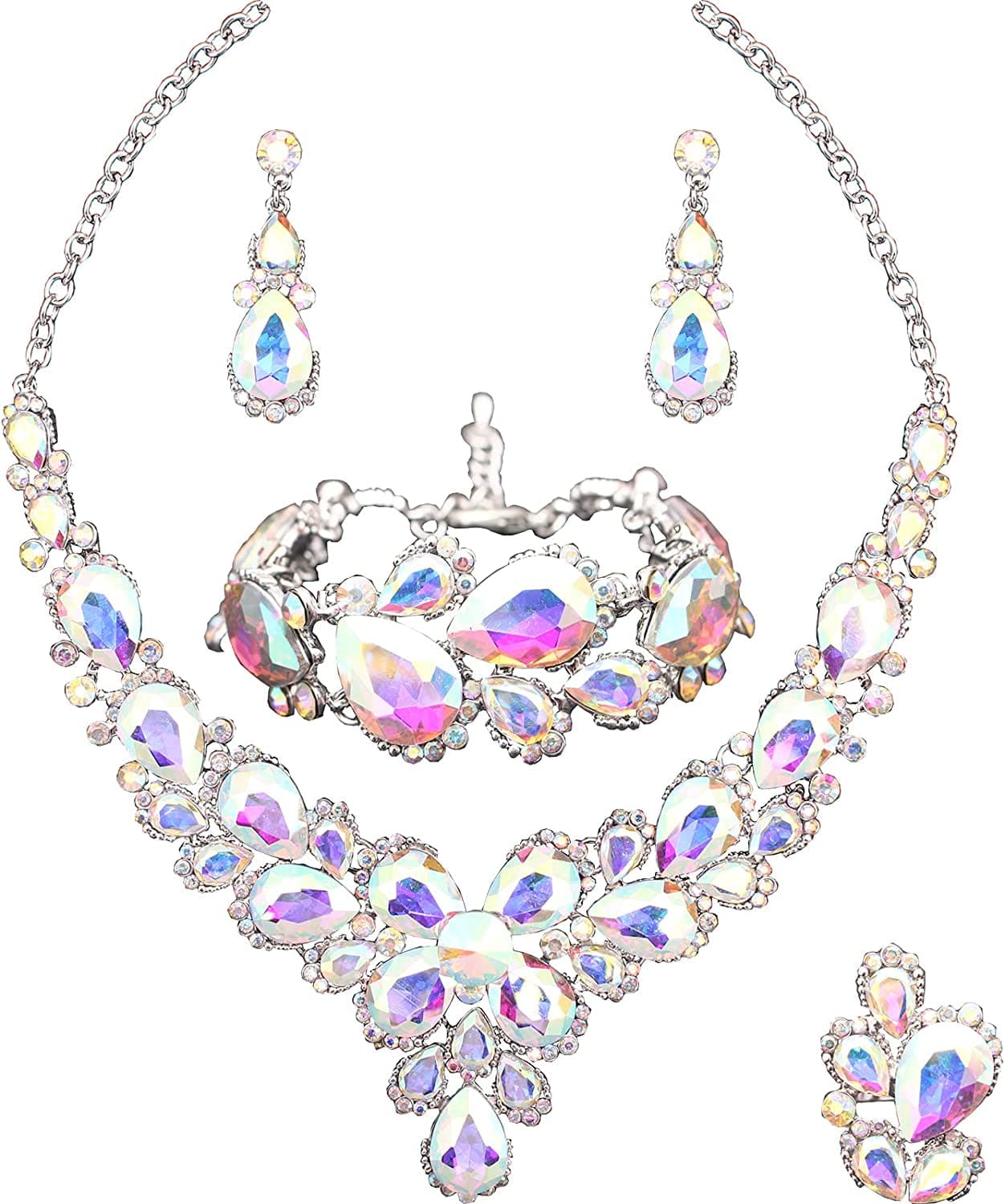 Women'S Wedding Bridal Austrian Crystal Glass Teardrop Statement Necklace Dangle Earrings Bracelet Ring Wedding Party Jewelry Set for Bridal Bridesmaid AB Crystal-Platinum Plated