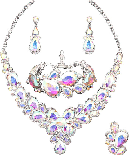 Women'S Wedding Bridal Austrian Crystal Glass Teardrop Statement Necklace Dangle Earrings Bracelet Ring Wedding Party Jewelry Set for Bridal Bridesmaid AB Crystal-Platinum Plated
