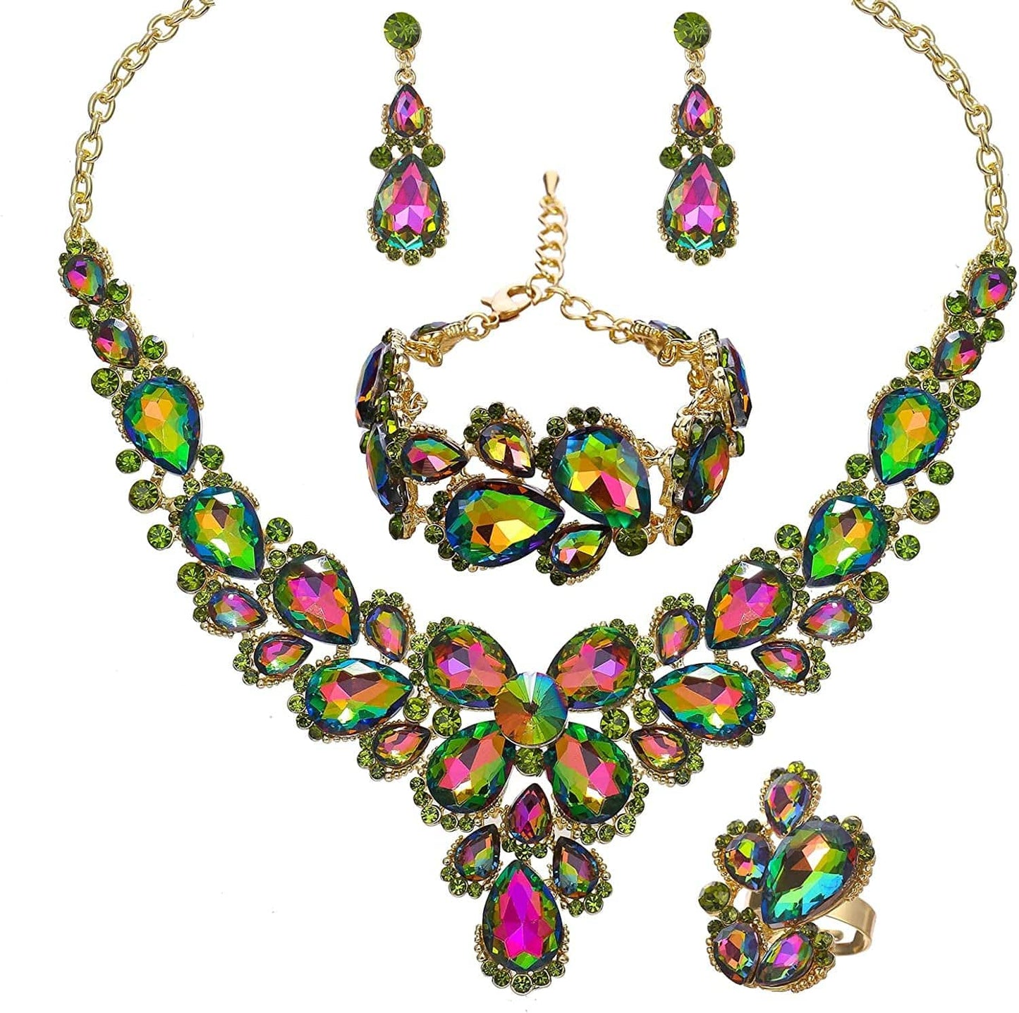 Women'S Wedding Bridal Austrian Crystal Glass Teardrop Statement Necklace Dangle Earrings Bracelet Ring Wedding Party Jewelry Set for Bridal Bridesmaid Rainbow-Gold Plated