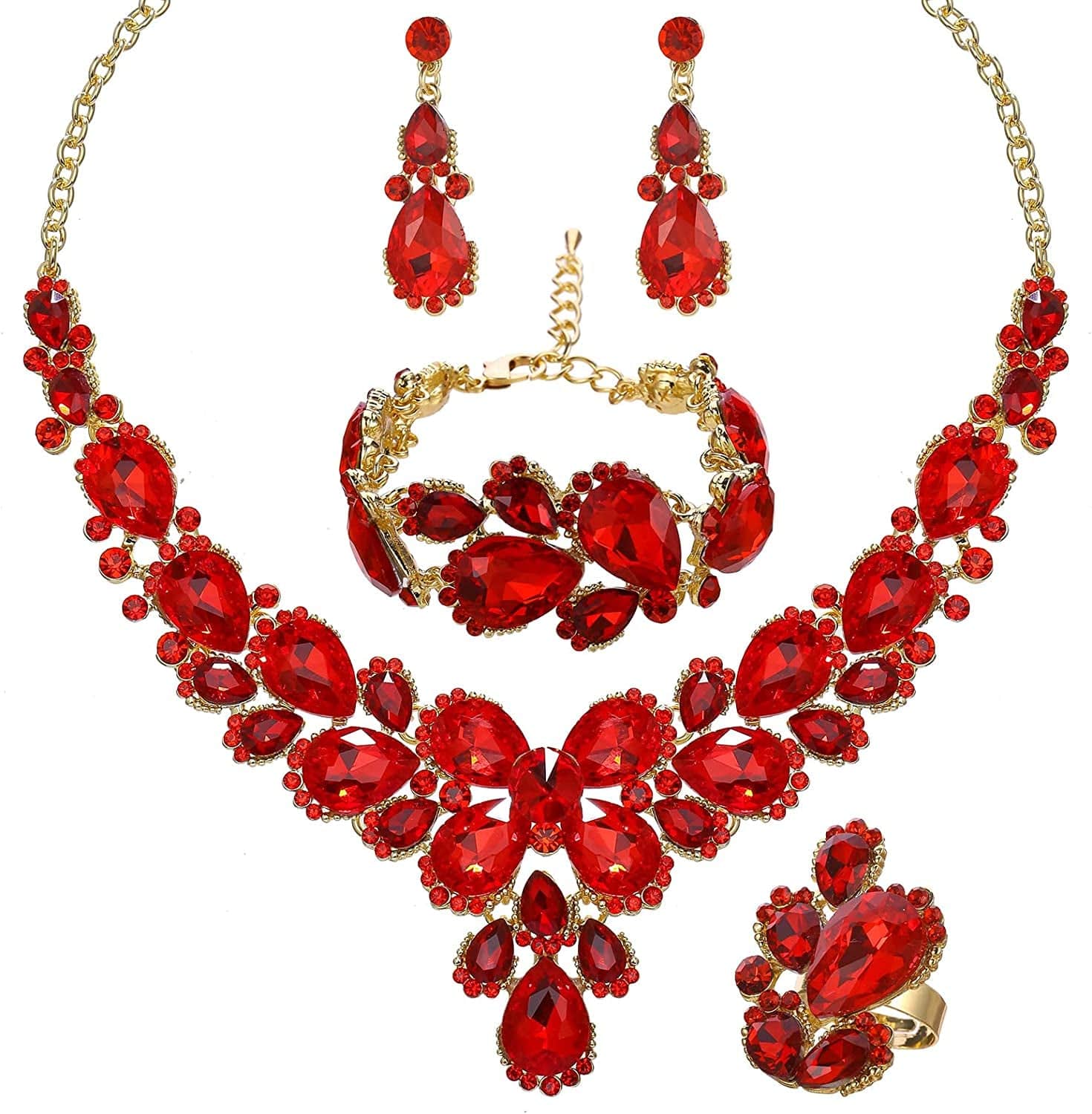 Women'S Wedding Bridal Austrian Crystal Glass Teardrop Statement Necklace Dangle Earrings Bracelet Ring Wedding Party Jewelry Set for Bridal Bridesmaid Red-Gold Plated