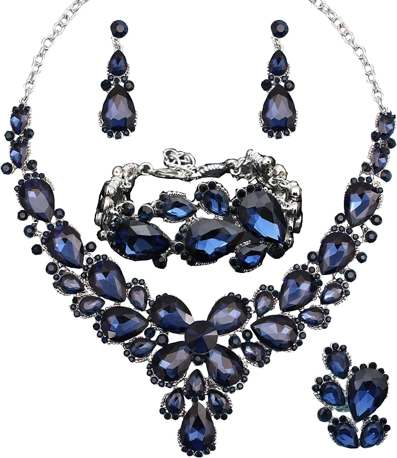 Women'S Wedding Bridal Austrian Crystal Glass Teardrop Statement Necklace Dangle Earrings Bracelet Ring Wedding Party Jewelry Set for Bridal Bridesmaid Blue-Platinum Plated