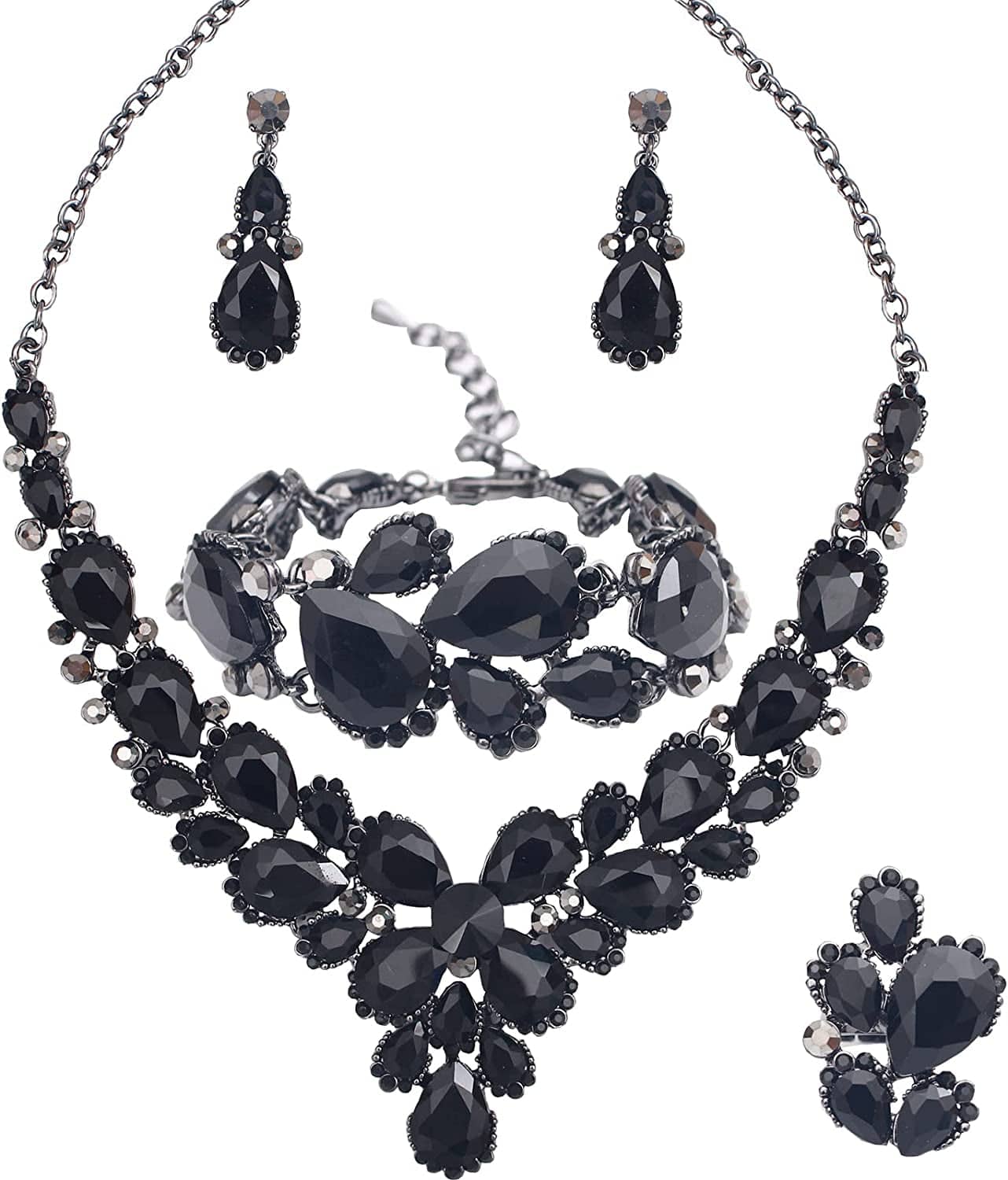 Women'S Wedding Bridal Austrian Crystal Glass Teardrop Statement Necklace Dangle Earrings Bracelet Ring Wedding Party Jewelry Set for Bridal Bridesmaid All Black-Jet
