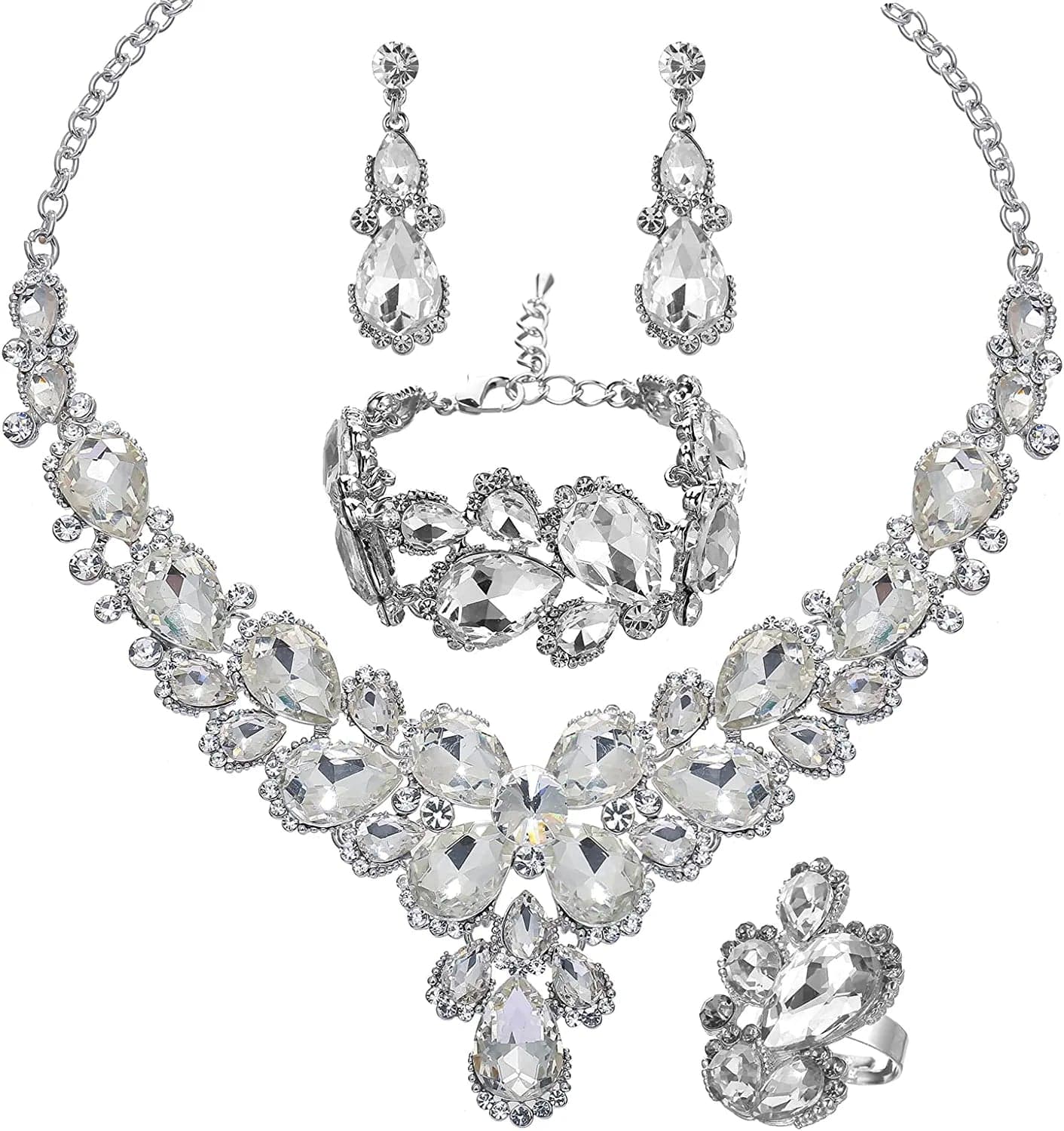 Women'S Wedding Bridal Austrian Crystal Glass Teardrop Statement Necklace Dangle Earrings Bracelet Ring Wedding Party Jewelry Set for Bridal Bridesmaid White-Platinum Plated