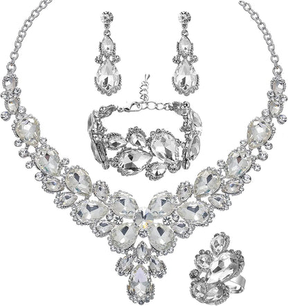 Women'S Wedding Bridal Austrian Crystal Glass Teardrop Statement Necklace Dangle Earrings Bracelet Ring Wedding Party Jewelry Set for Bridal Bridesmaid White-Platinum Plated