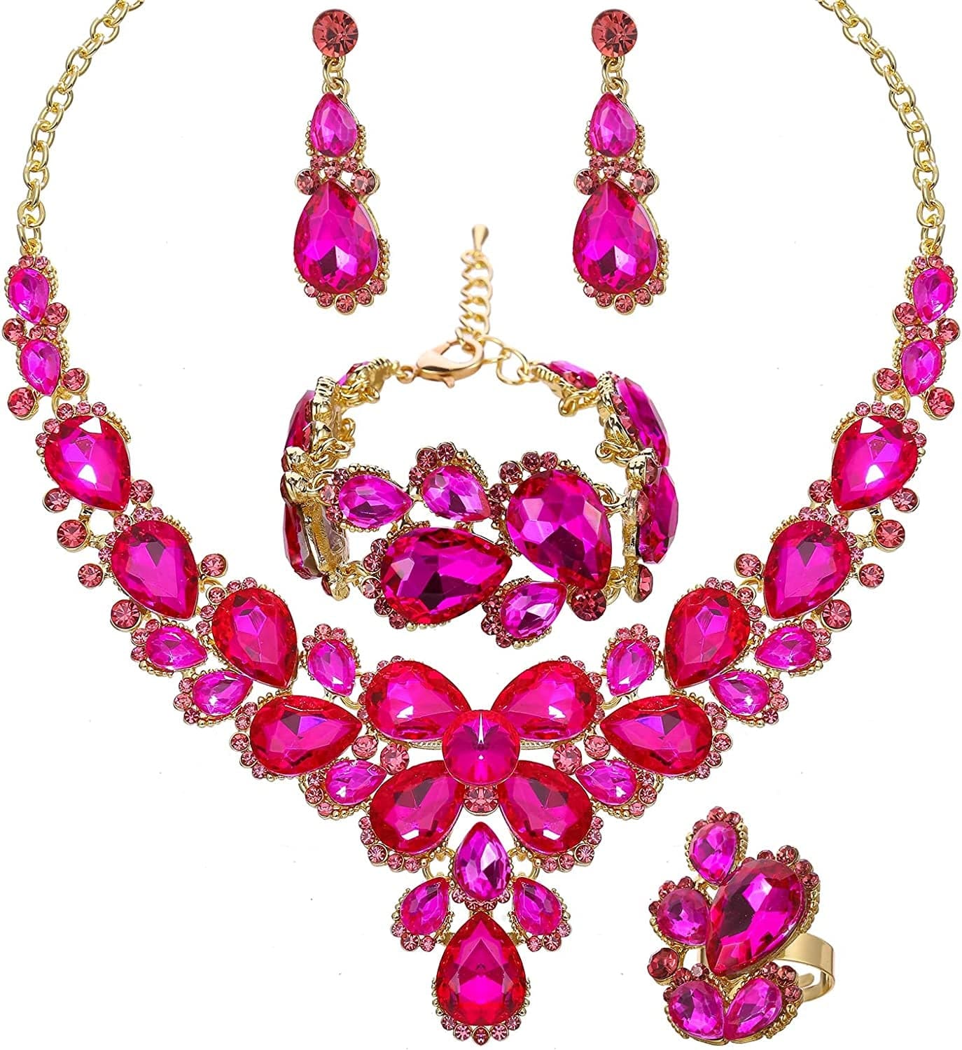 Women'S Wedding Bridal Austrian Crystal Glass Teardrop Statement Necklace Dangle Earrings Bracelet Ring Wedding Party Jewelry Set for Bridal Bridesmaid Pink-Gold Plated