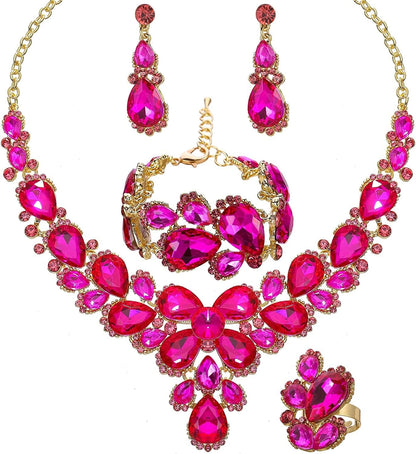 Women'S Wedding Bridal Austrian Crystal Glass Teardrop Statement Necklace Dangle Earrings Bracelet Ring Wedding Party Jewelry Set for Bridal Bridesmaid Pink-Gold Plated