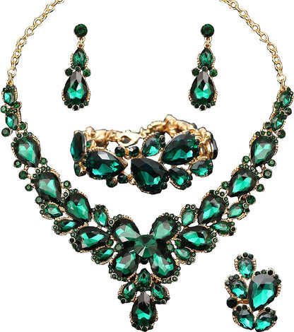 Women'S Wedding Bridal Austrian Crystal Glass Teardrop Statement Necklace Dangle Earrings Bracelet Ring Wedding Party Jewelry Set for Bridal Bridesmaid Green-Gold Plated