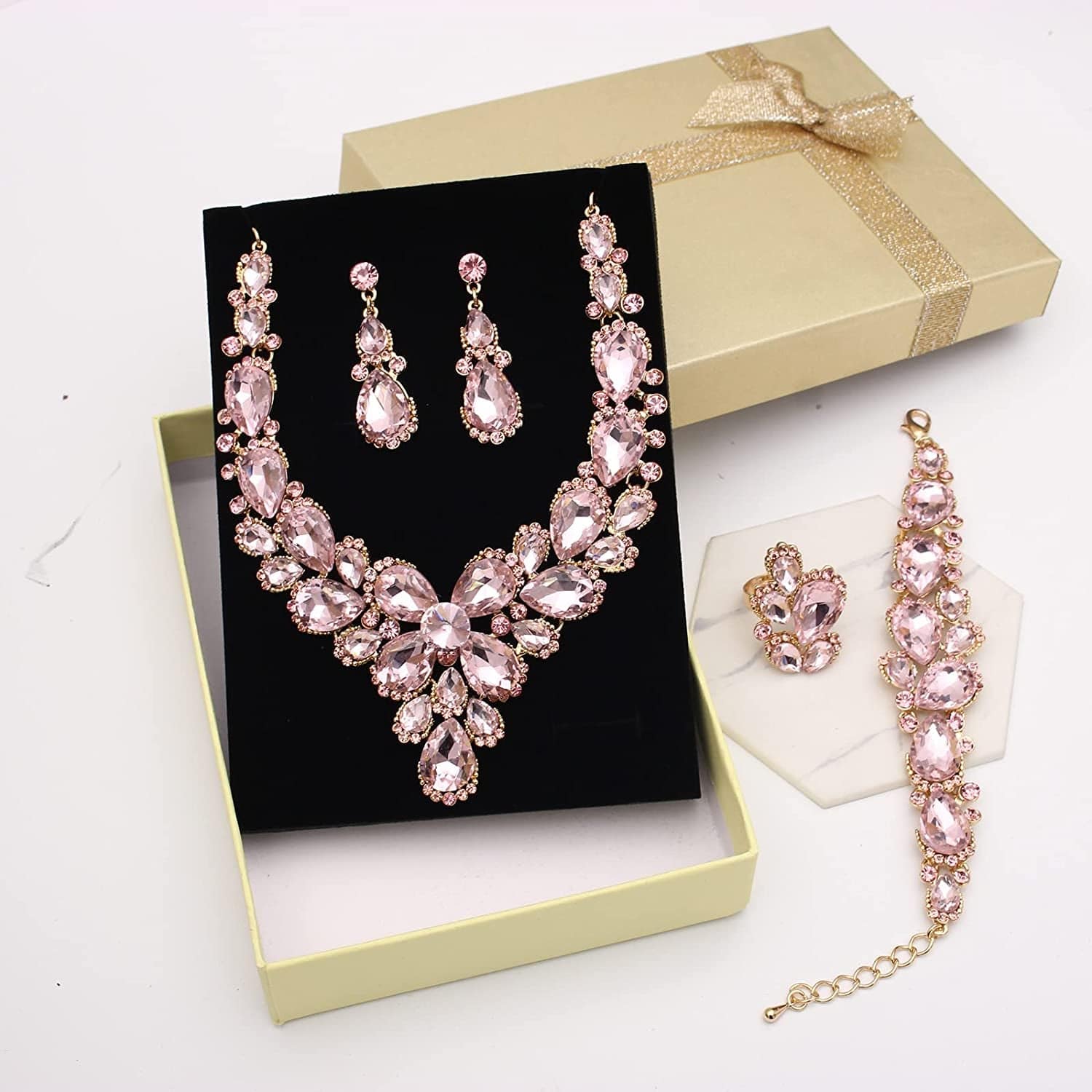 Women'S Wedding Bridal Austrian Crystal Glass Teardrop Statement Necklace Dangle Earrings Bracelet Ring Wedding Party Jewelry Set for Bridal Bridesmaid