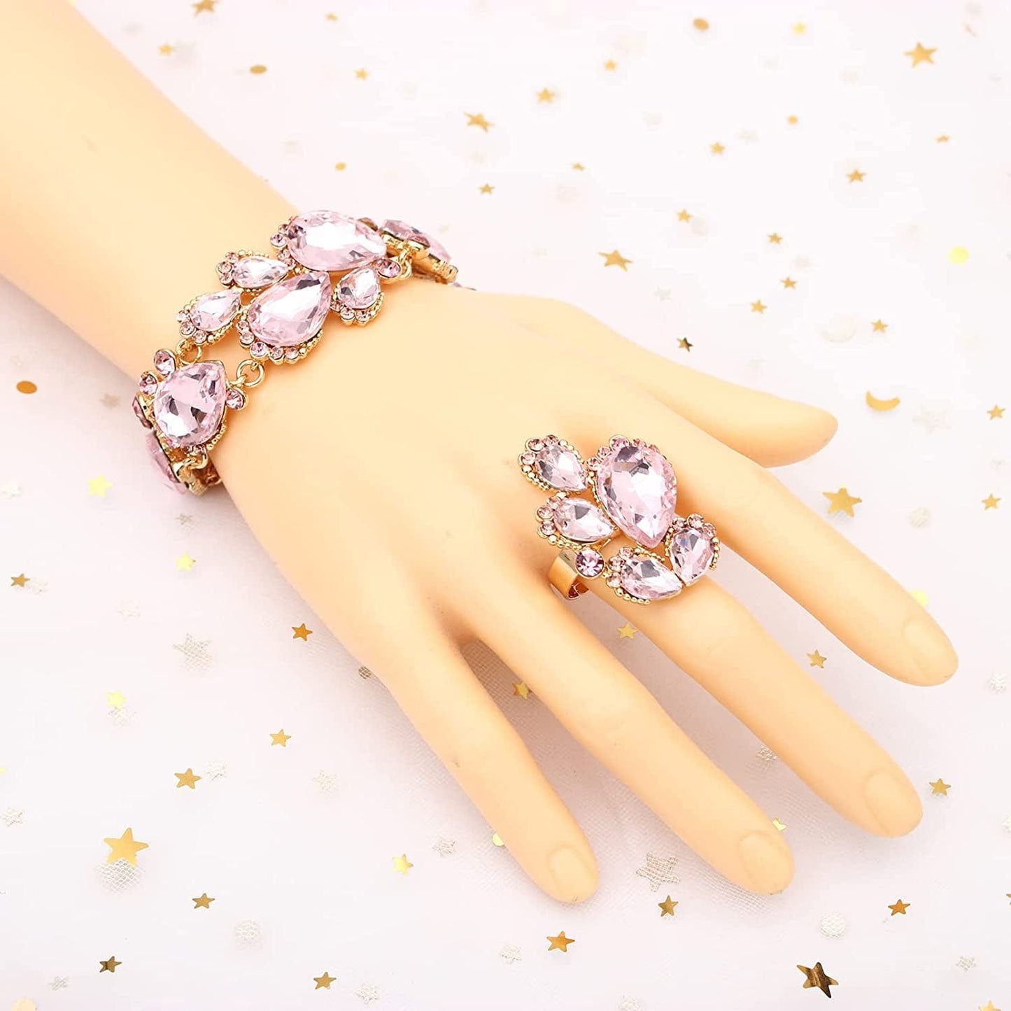 Women'S Wedding Bridal Austrian Crystal Glass Teardrop Statement Necklace Dangle Earrings Bracelet Ring Wedding Party Jewelry Set for Bridal Bridesmaid