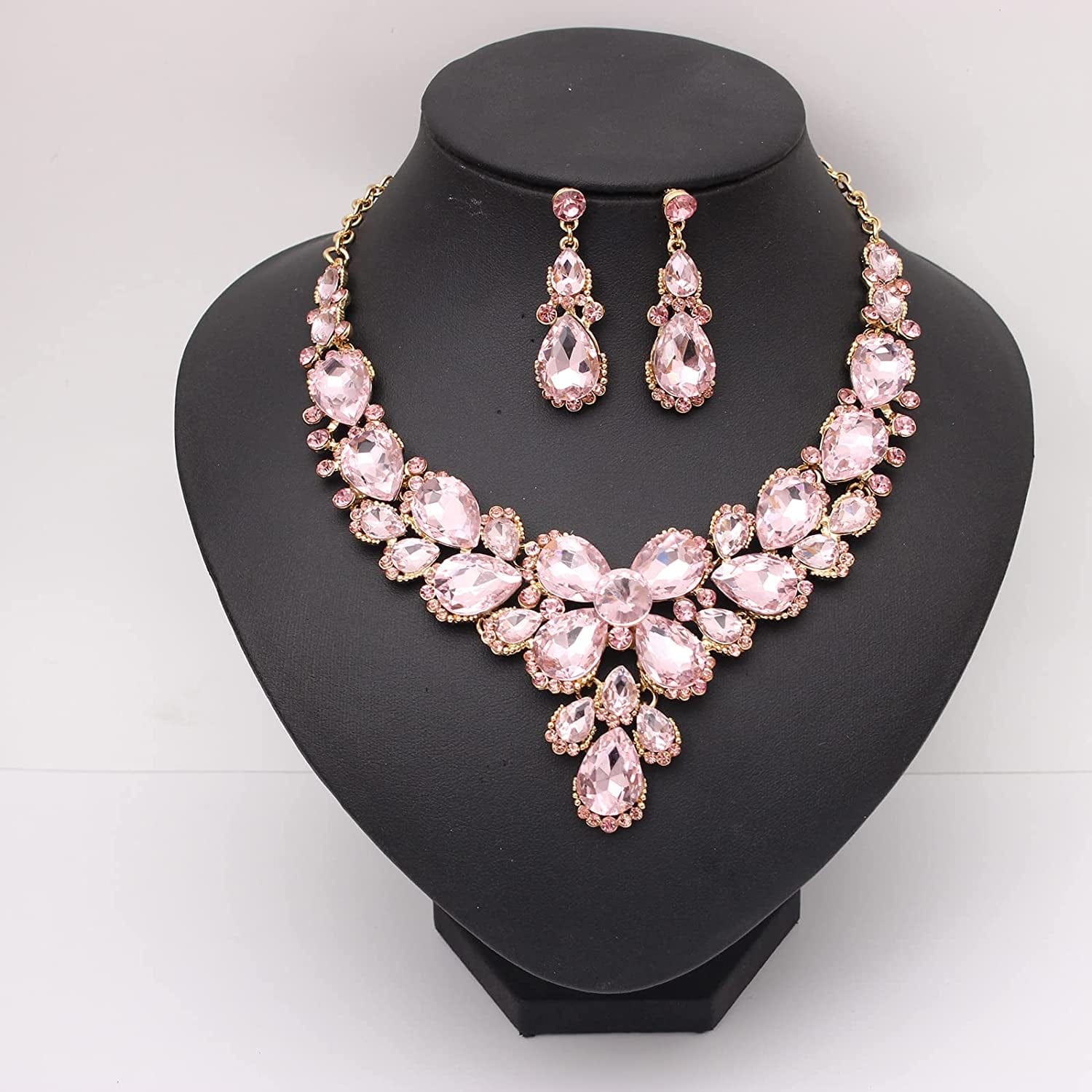 Women'S Wedding Bridal Austrian Crystal Glass Teardrop Statement Necklace Dangle Earrings Bracelet Ring Wedding Party Jewelry Set for Bridal Bridesmaid
